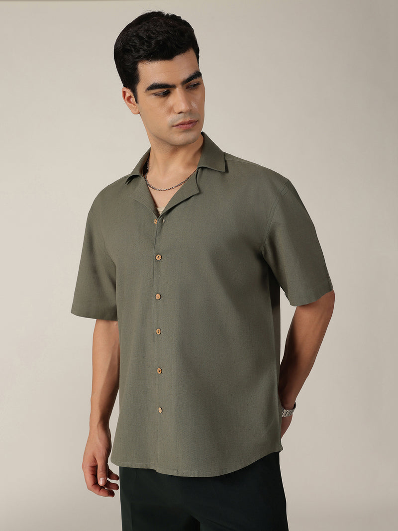 Olive & Beige: Embroidered Drop Shoulder Oversized Shirt