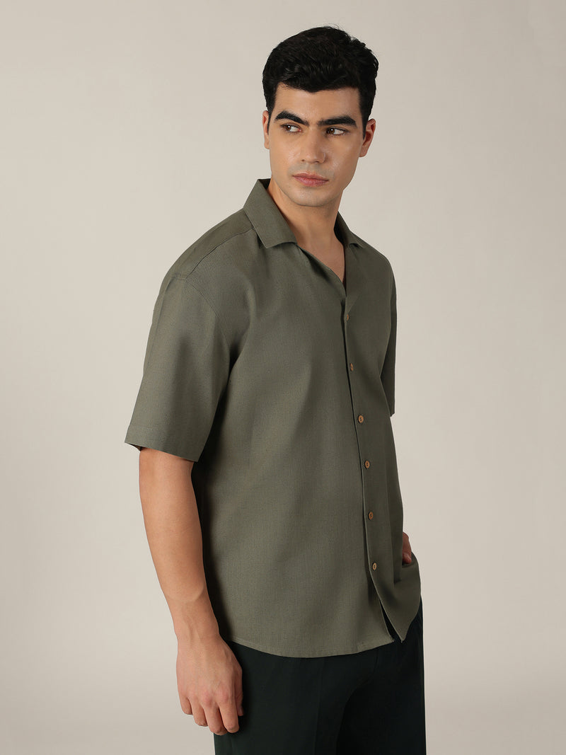 Olive & Beige: Embroidered Drop Shoulder Oversized Shirt