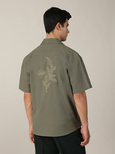 Olive & Beige: Embroidered Drop Shoulder Oversized Shirt