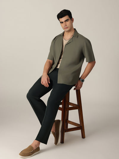 Olive & Beige: Embroidered Drop Shoulder Oversized Shirt