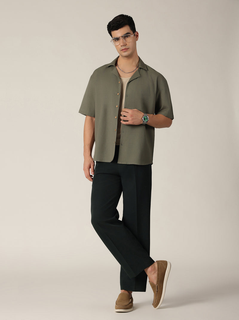 Olive & Beige: Embroidered Drop Shoulder Oversized Shirt