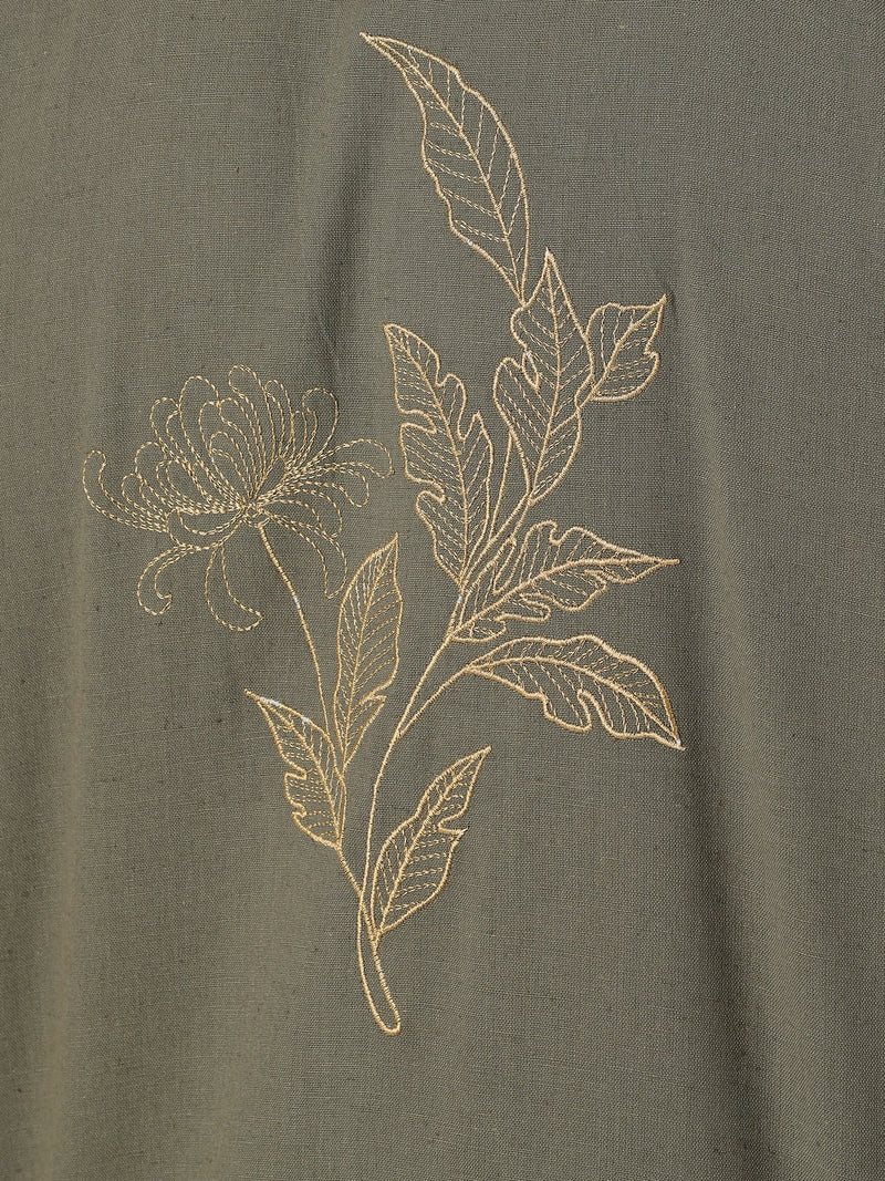 Olive & Beige: Embroidered Drop Shoulder Oversized Shirt