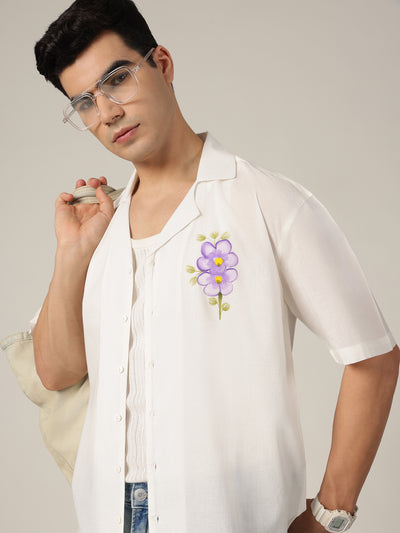 White: Hand Brushpainted Drop-Shoulder Oversized Shirt