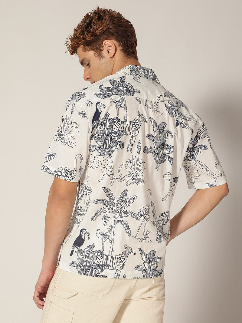 White & Blue: Hand Block Printed Drop Shoulder Oversized Shirt