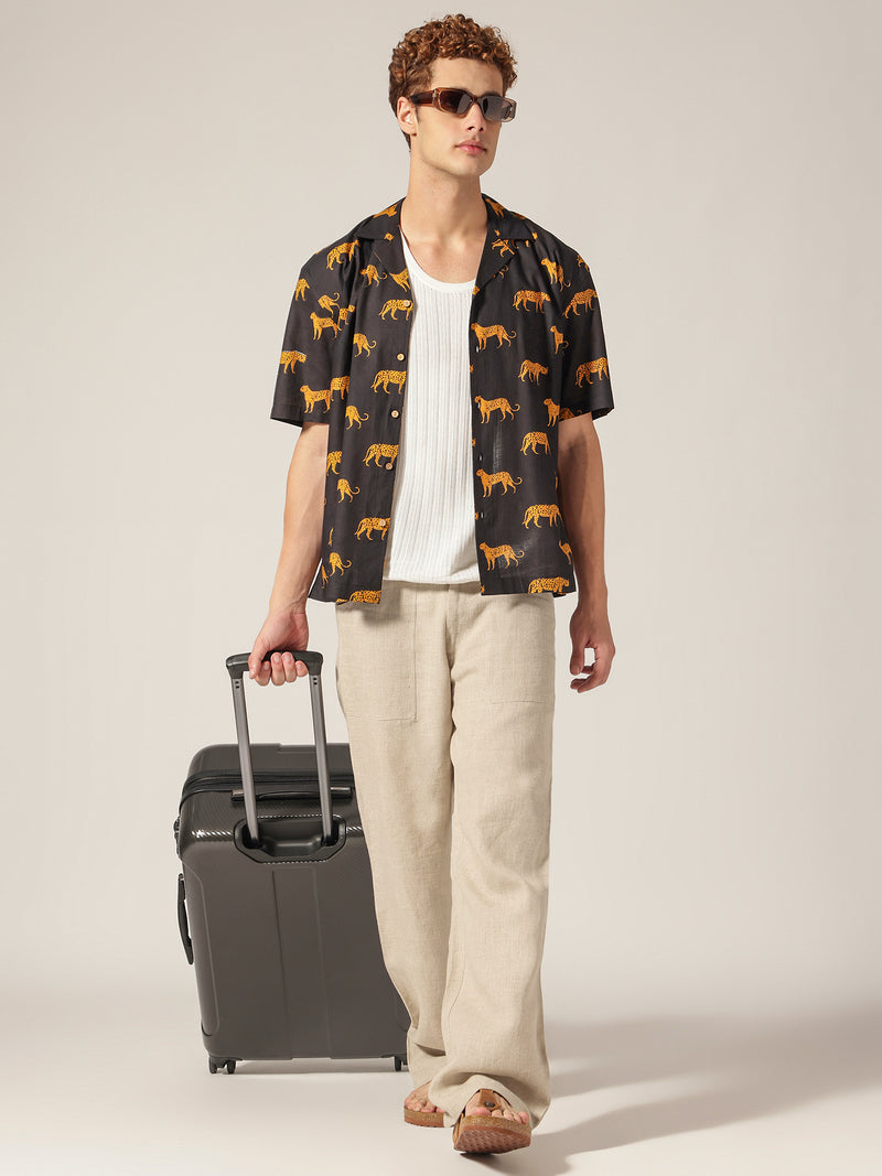 Black: Animal Block Printed Drop Shoulder Oversized Shirt