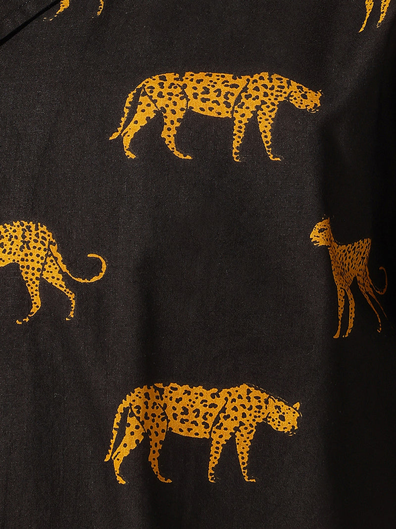 Black: Animal Block Printed Drop Shoulder Oversized Shirt
