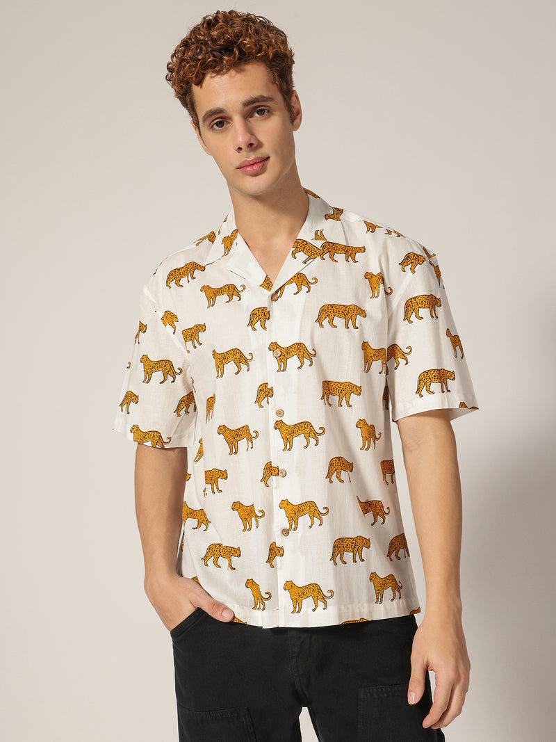 White: Animal Block Printed Drop Shoulder Oversized Shirt