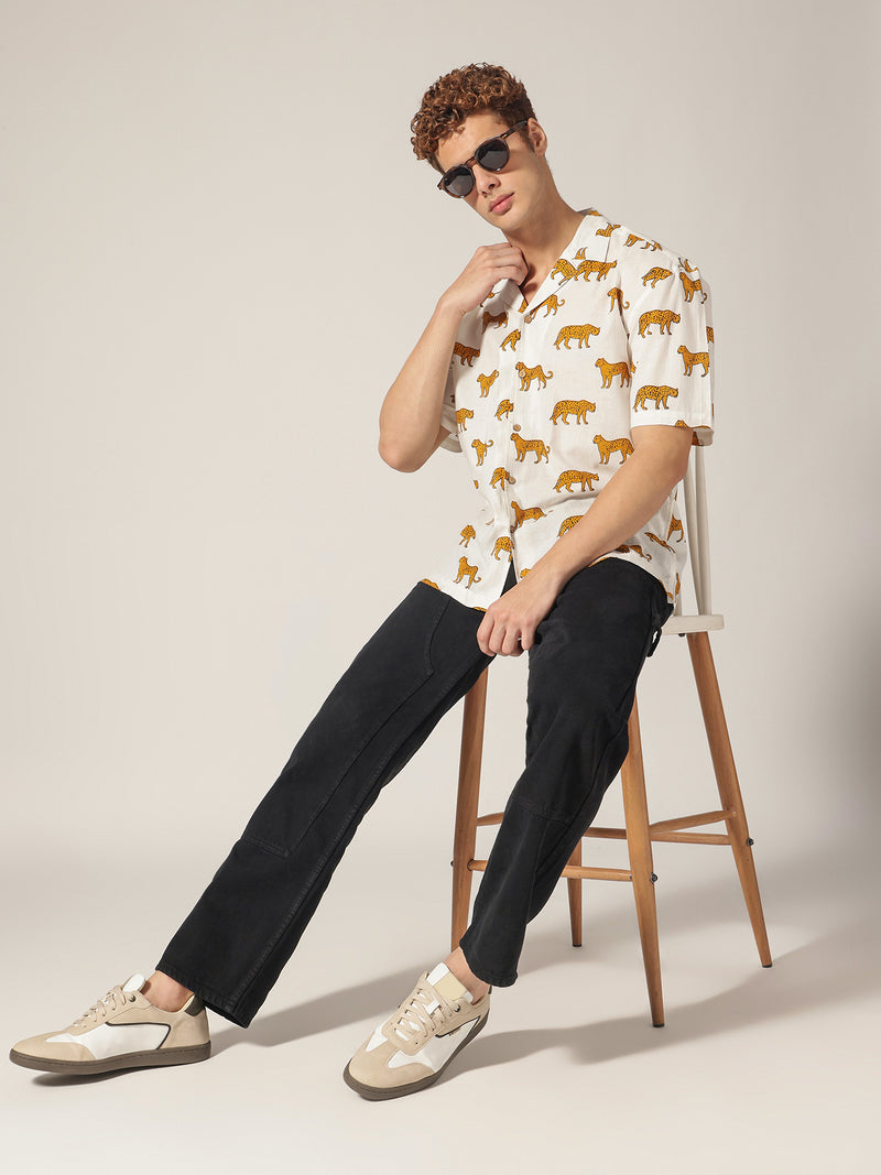 White: Animal Block Printed Drop Shoulder Oversized Shirt