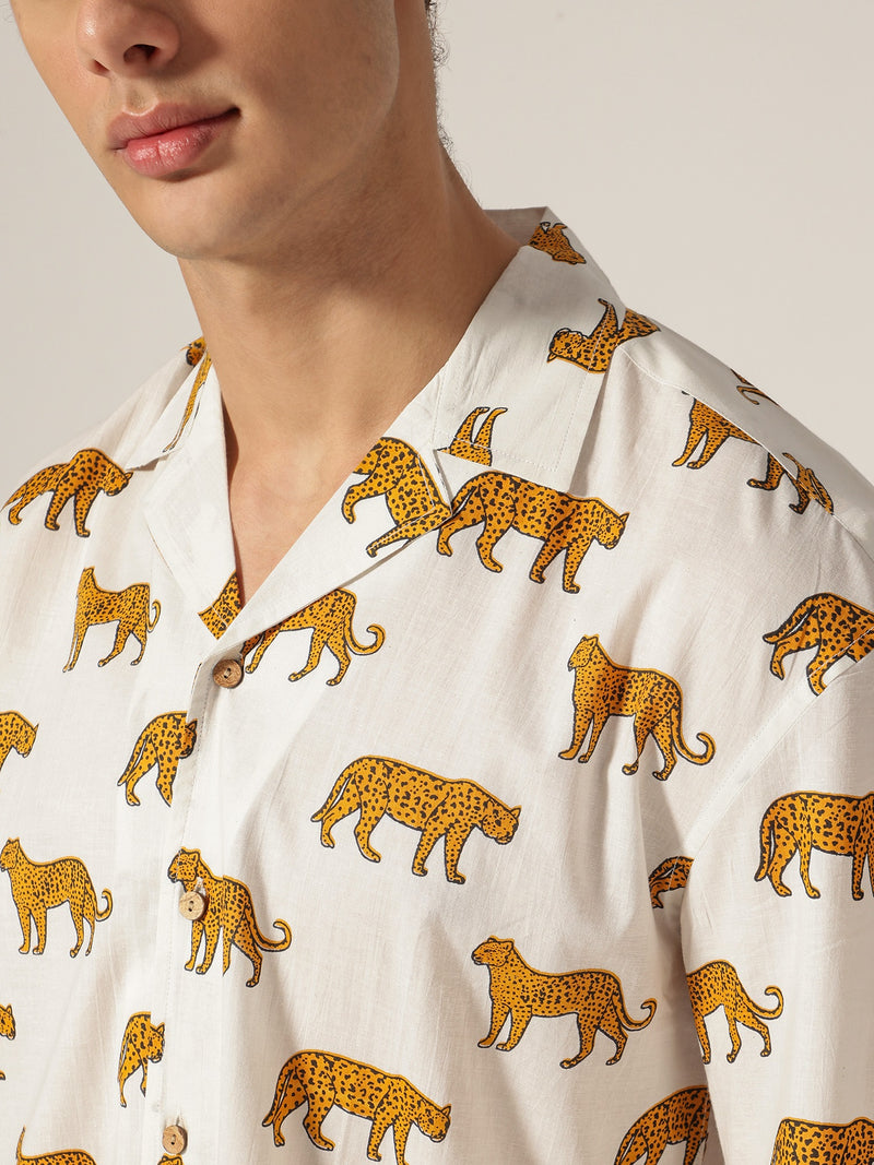 White: Animal Block Printed Drop Shoulder Oversized Shirt