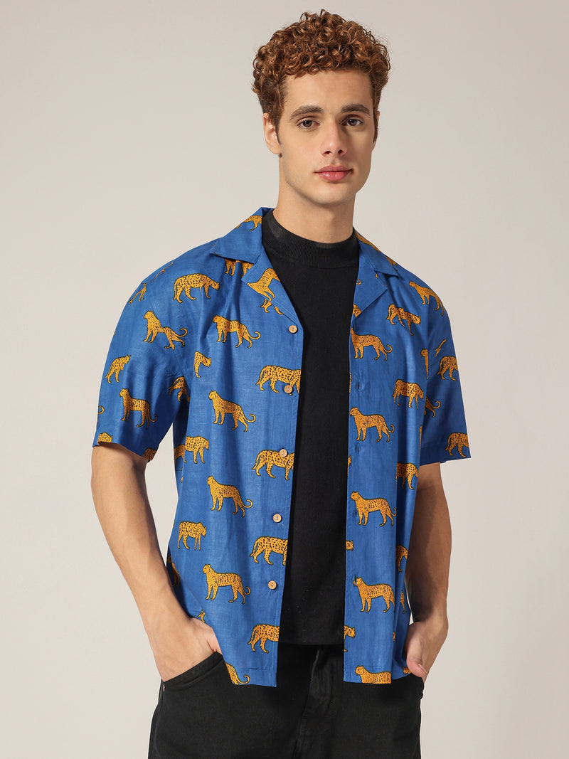Blue: Animal Block Printed Drop Shoulder Oversized Shirt