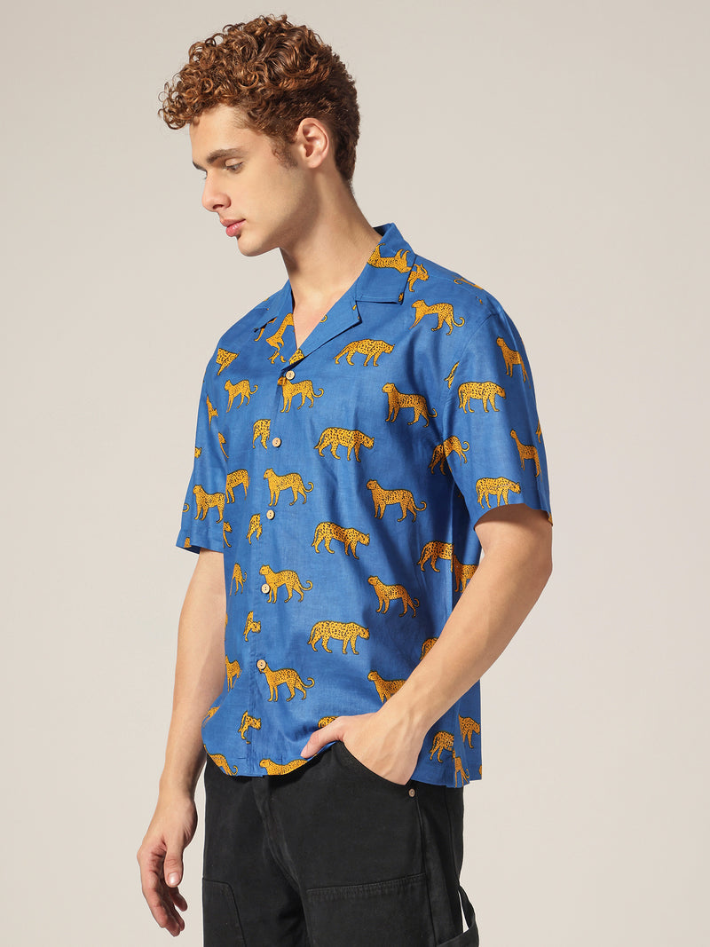 Blue: Animal Block Printed Drop Shoulder Oversized Shirt