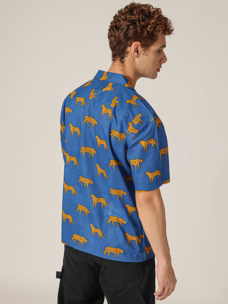 Blue: Animal Block Printed Drop Shoulder Oversized Shirt
