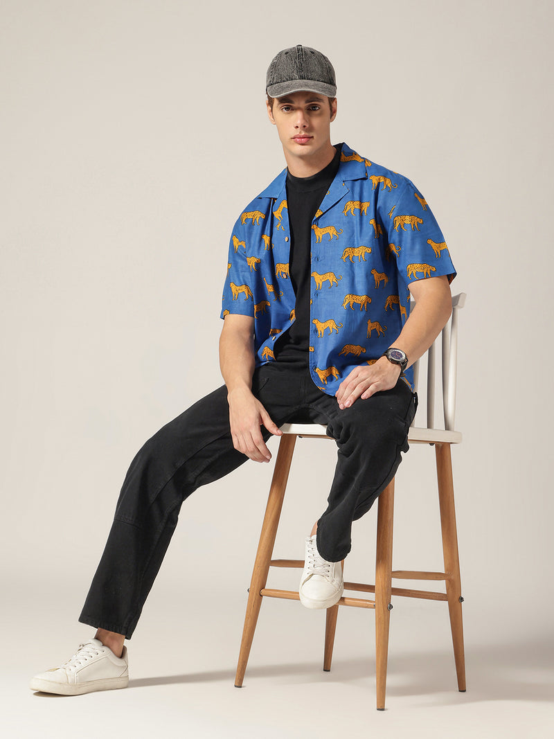 Blue: Animal Block Printed Drop Shoulder Oversized Shirt