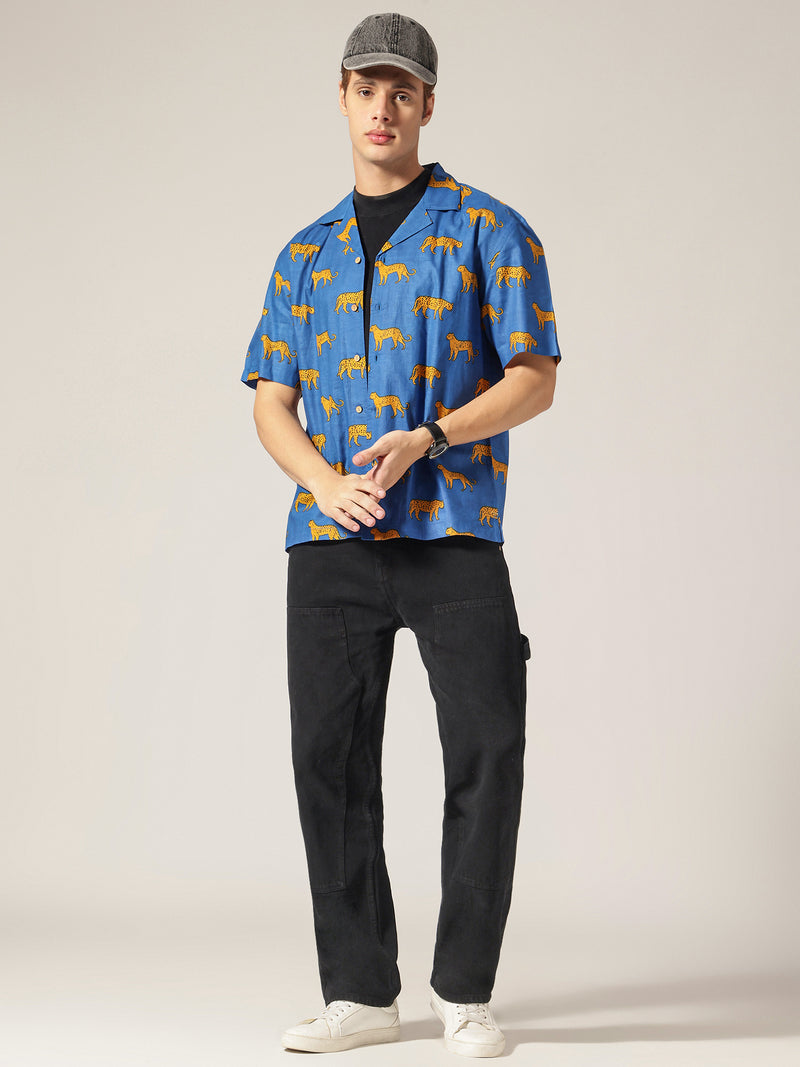 Blue: Animal Block Printed Drop Shoulder Oversized Shirt