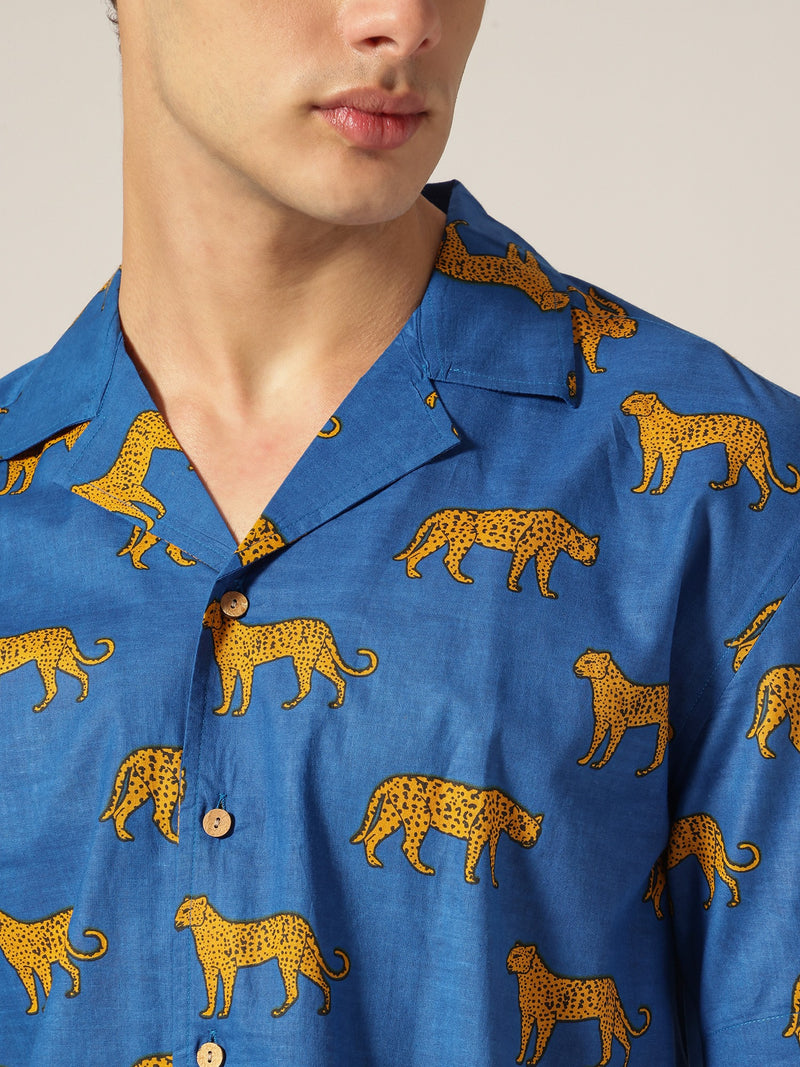 Blue: Animal Block Printed Drop Shoulder Oversized Shirt