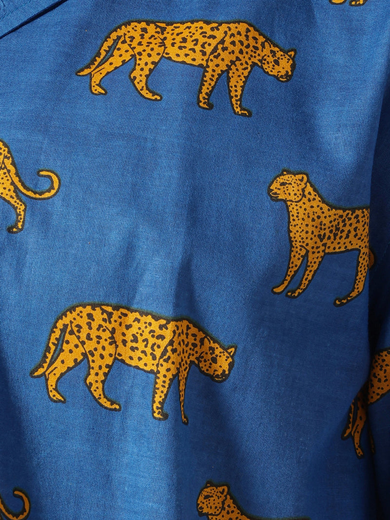 Blue: Animal Block Printed Drop Shoulder Oversized Shirt