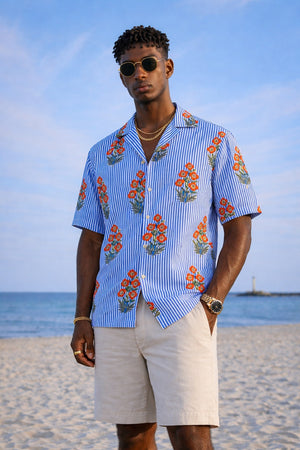 Blue: Floral & Striped Drop Shoulder Oversized Casual Shirt