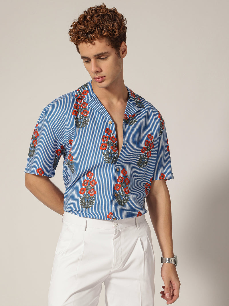 Blue: Floral & Striped Drop Shoulder Oversized Casual Shirt