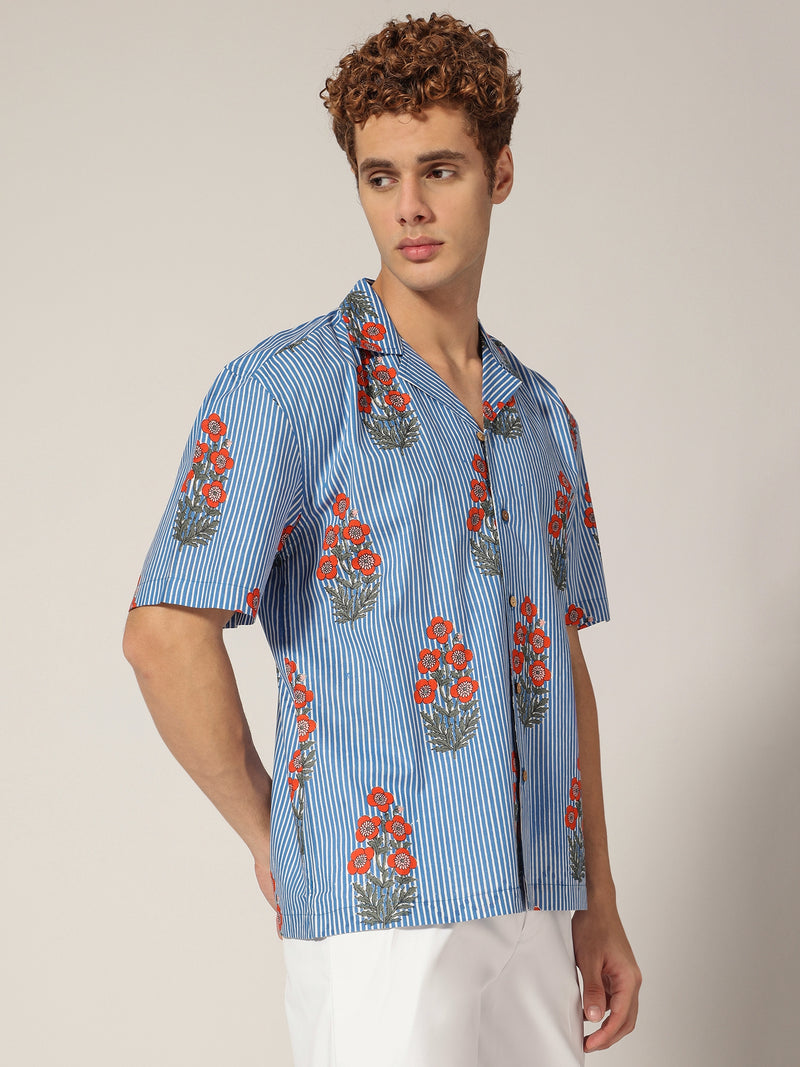 Blue: Floral & Striped Drop Shoulder Oversized Casual Shirt