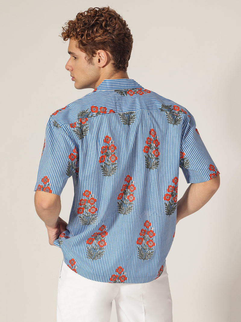 Blue: Floral & Striped Drop Shoulder Oversized Casual Shirt