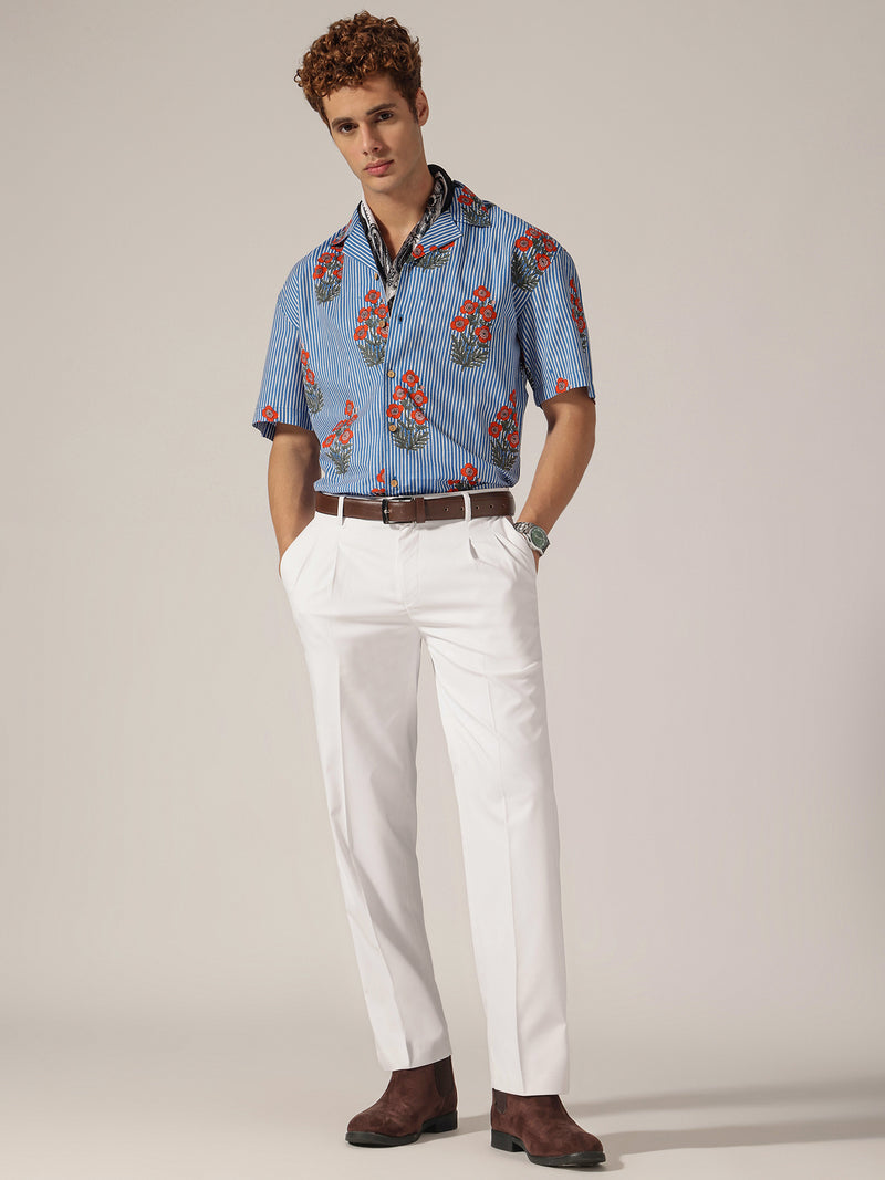 Blue: Floral & Striped Drop Shoulder Oversized Casual Shirt