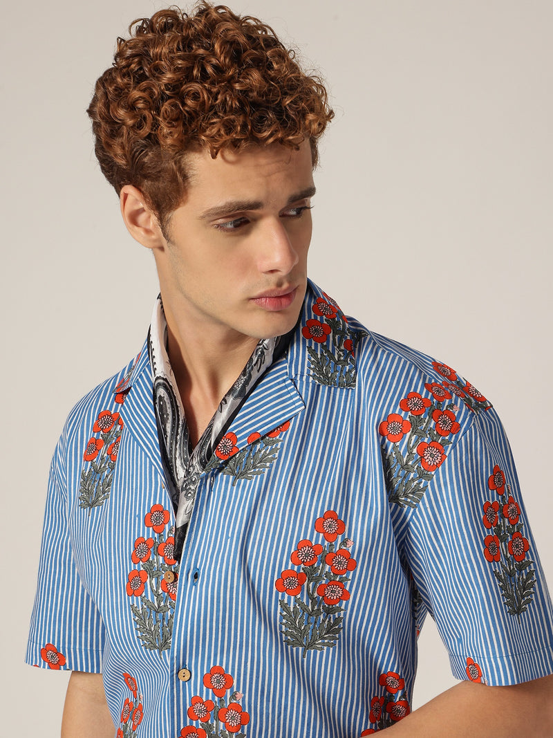 Blue: Floral & Striped Drop Shoulder Oversized Casual Shirt