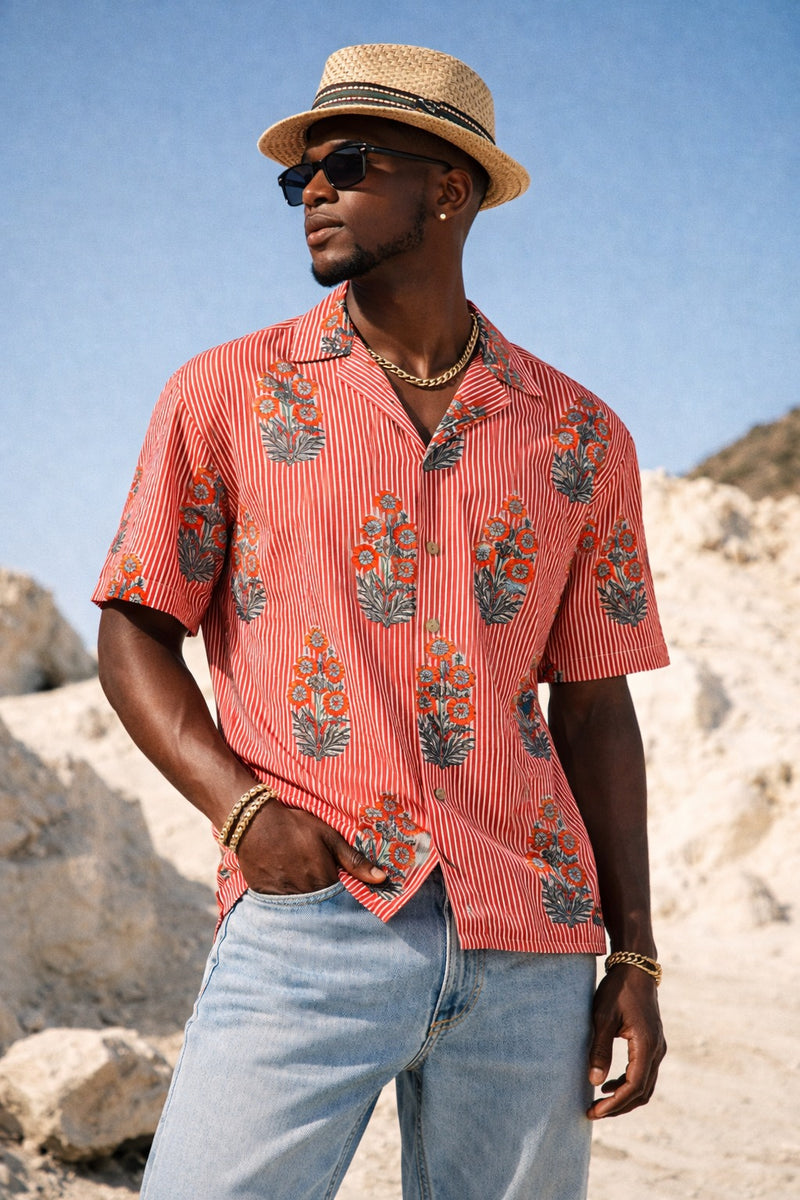 Red: Floral & Striped Drop Shoulder Oversized Casual Shirt