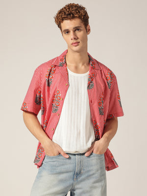 Red: Floral & Striped Drop Shoulder Oversized Casual Shirt