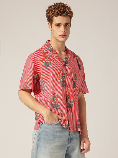 Red: Floral & Striped Drop Shoulder Oversized Casual Shirt