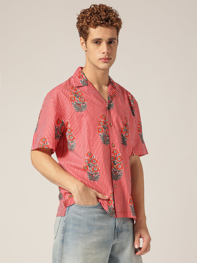 Red: Floral & Striped Drop Shoulder Oversized Casual Shirt