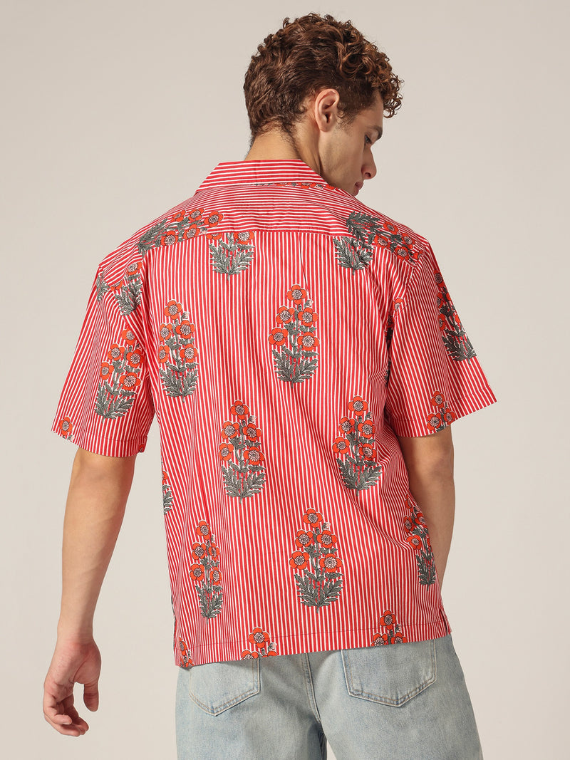 Red: Floral & Striped Drop Shoulder Oversized Casual Shirt