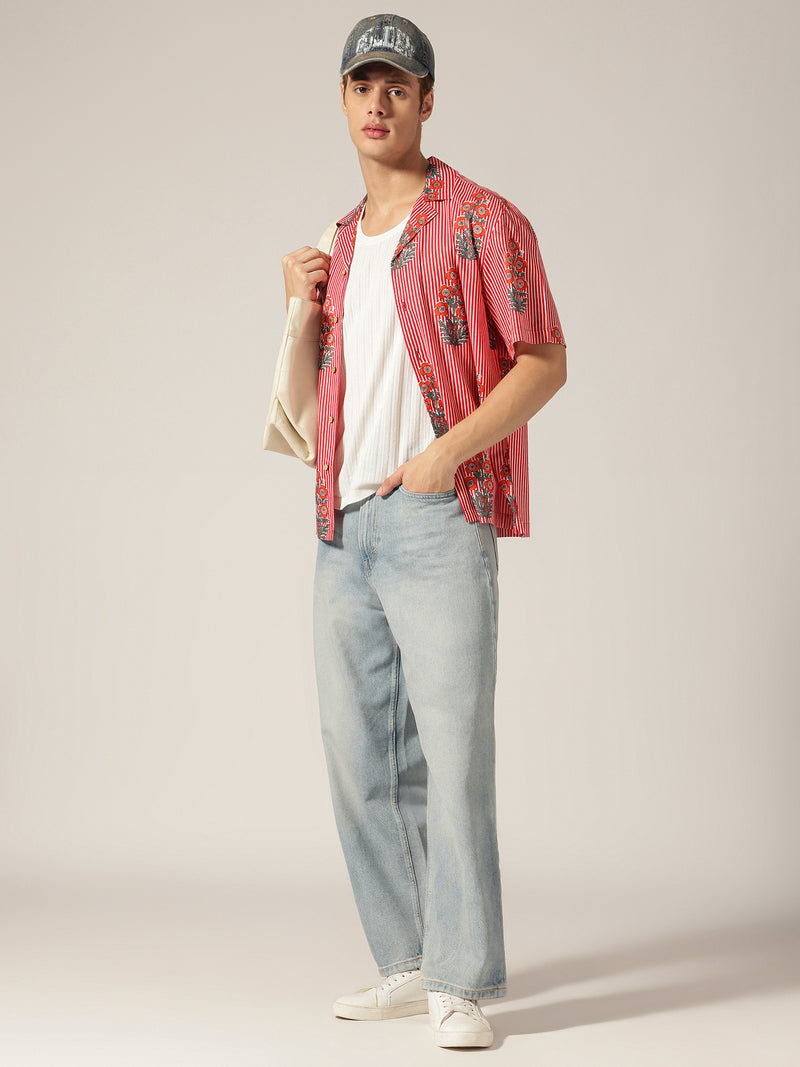 Red: Floral & Striped Drop Shoulder Oversized Casual Shirt