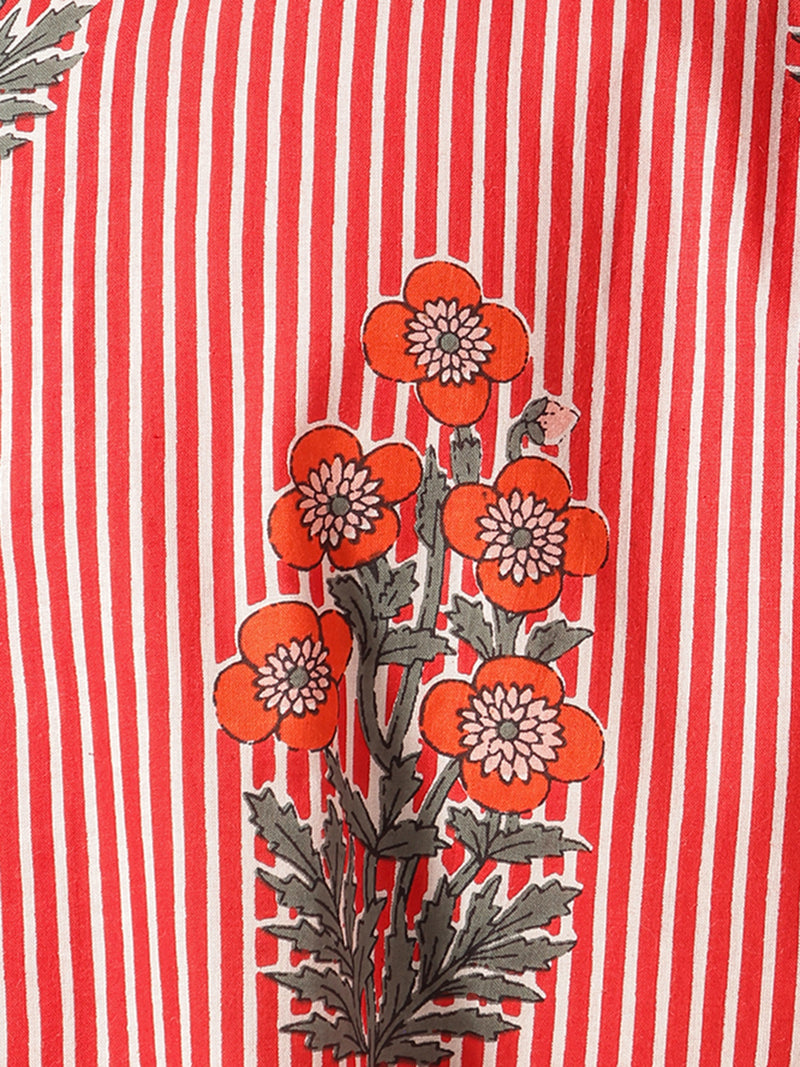 Red: Floral & Striped Drop Shoulder Oversized Casual Shirt