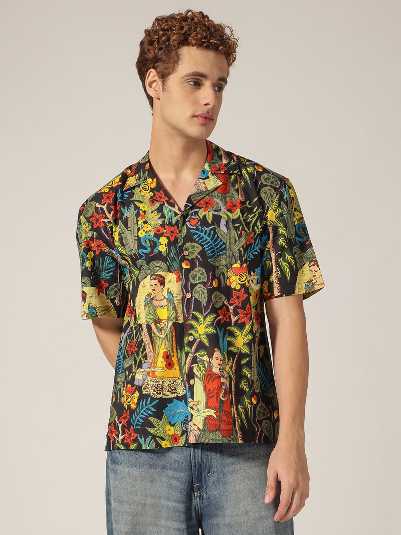 Black: Tropical Block Printed Drop Shoulder Oversized Shirt
