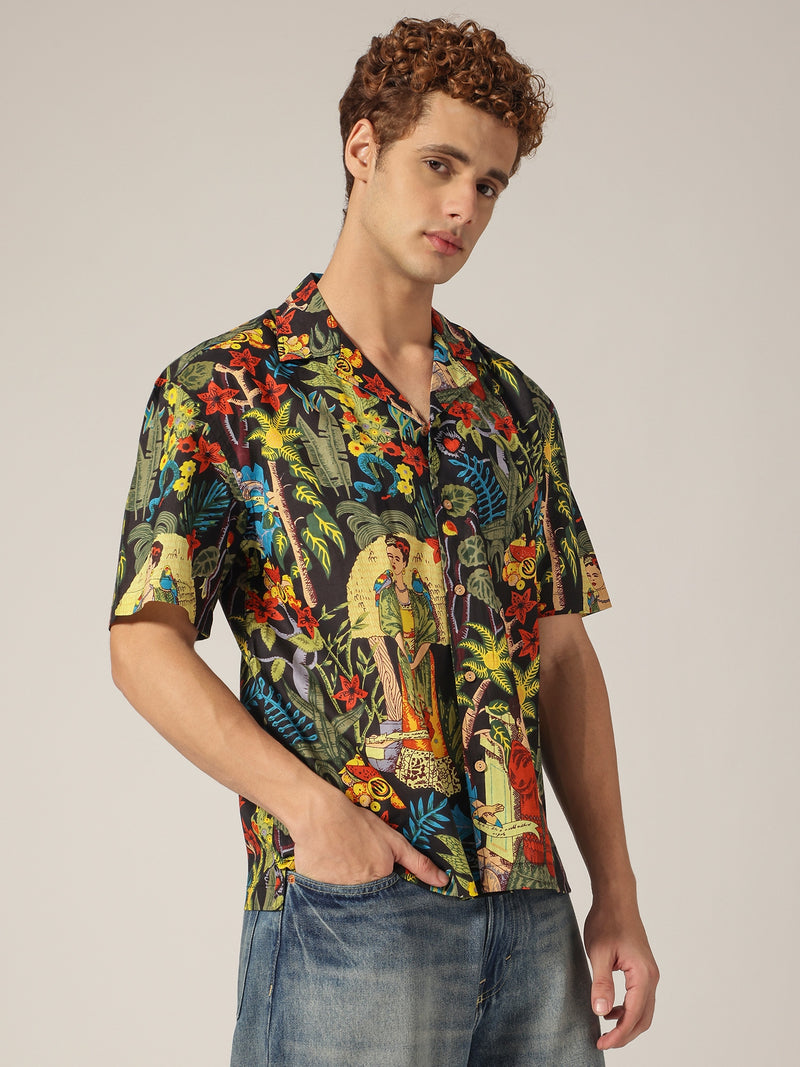 Black: Tropical Block Printed Drop Shoulder Oversized Shirt