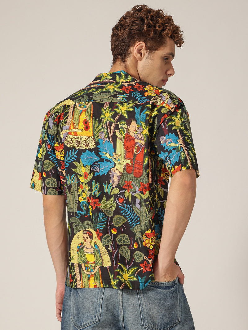 Black: Tropical Block Printed Drop Shoulder Oversized Shirt