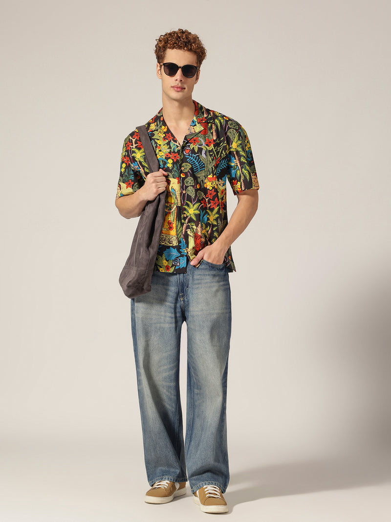 Black: Tropical Block Printed Drop Shoulder Oversized Shirt