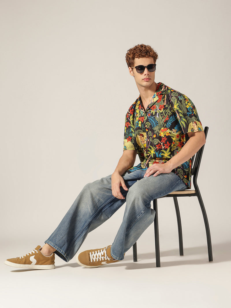 Black: Tropical Block Printed Drop Shoulder Oversized Shirt