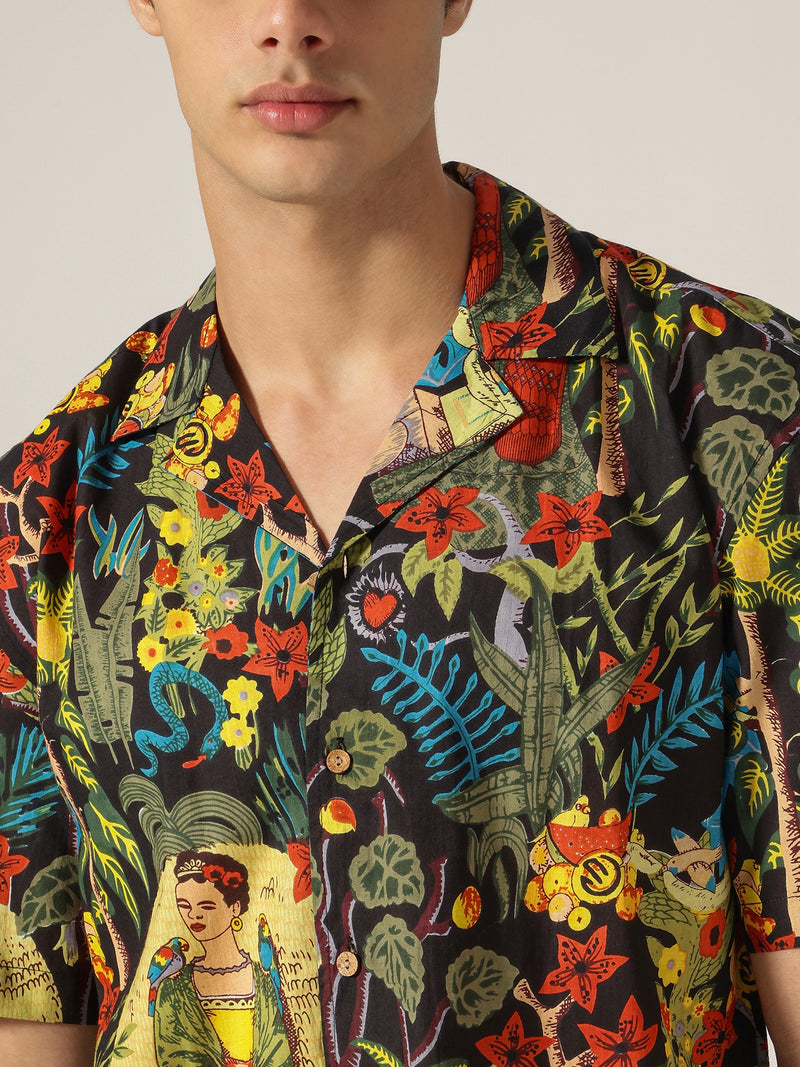 Black: Tropical Block Printed Drop Shoulder Oversized Shirt