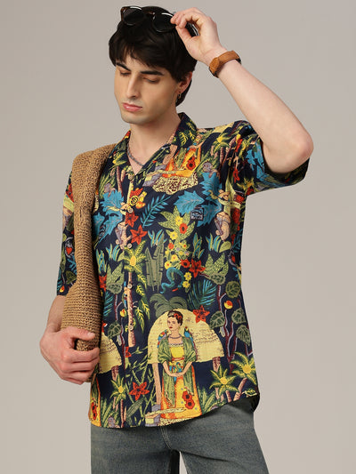 Blue: Tropical Block Printed Drop Shoulder Oversized Shirt