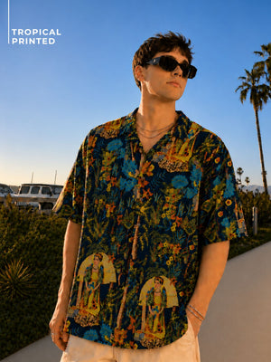 Blue: Tropical Block Printed Drop Shoulder Oversized Shirt