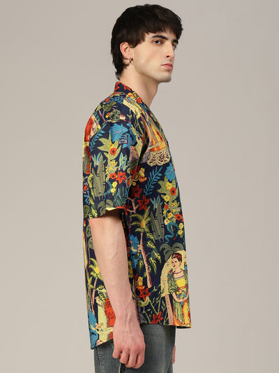 Blue: Tropical Block Printed Drop Shoulder Oversized Shirt