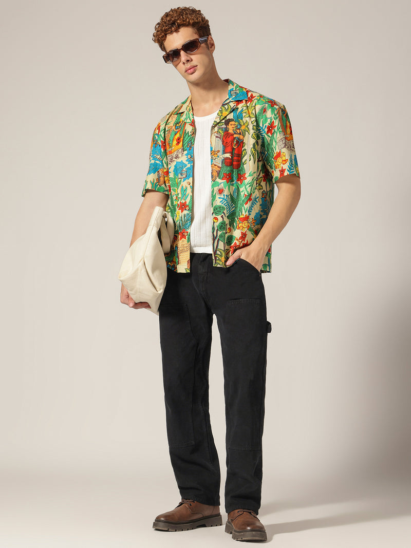 Mint: Tropical Block Printed Drop Shoulder Oversized Shirt