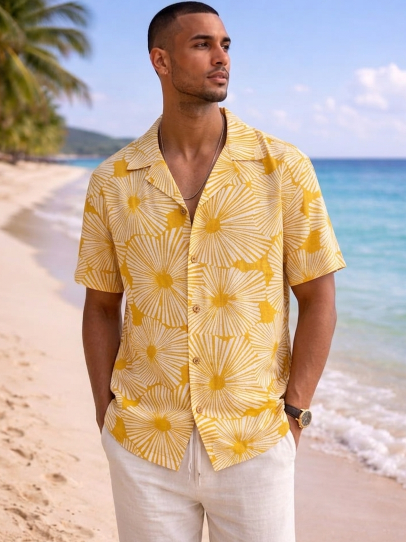 Yellow: Block Printed Drop Shoulder Oversized Shirt