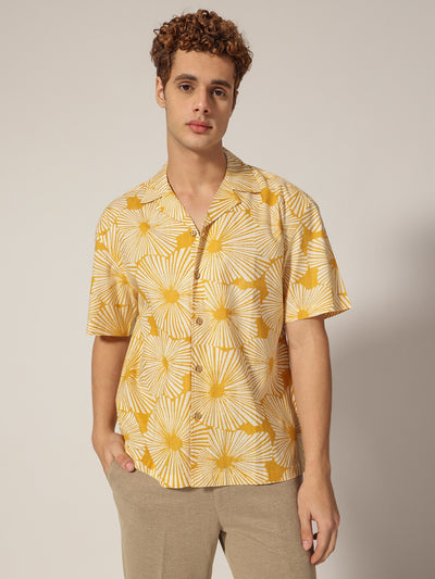 Yellow: Block Printed Drop Shoulder Oversized Shirt