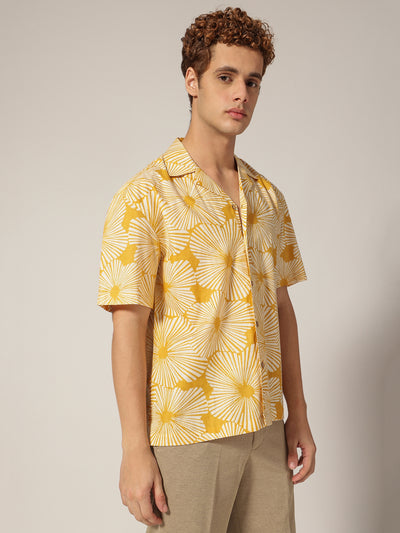 Yellow: Block Printed Drop Shoulder Oversized Shirt