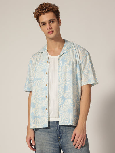 Blue: Block Printed Drop Shoulder Oversized Shirt