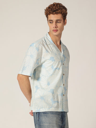 Blue: Block Printed Drop Shoulder Oversized Shirt