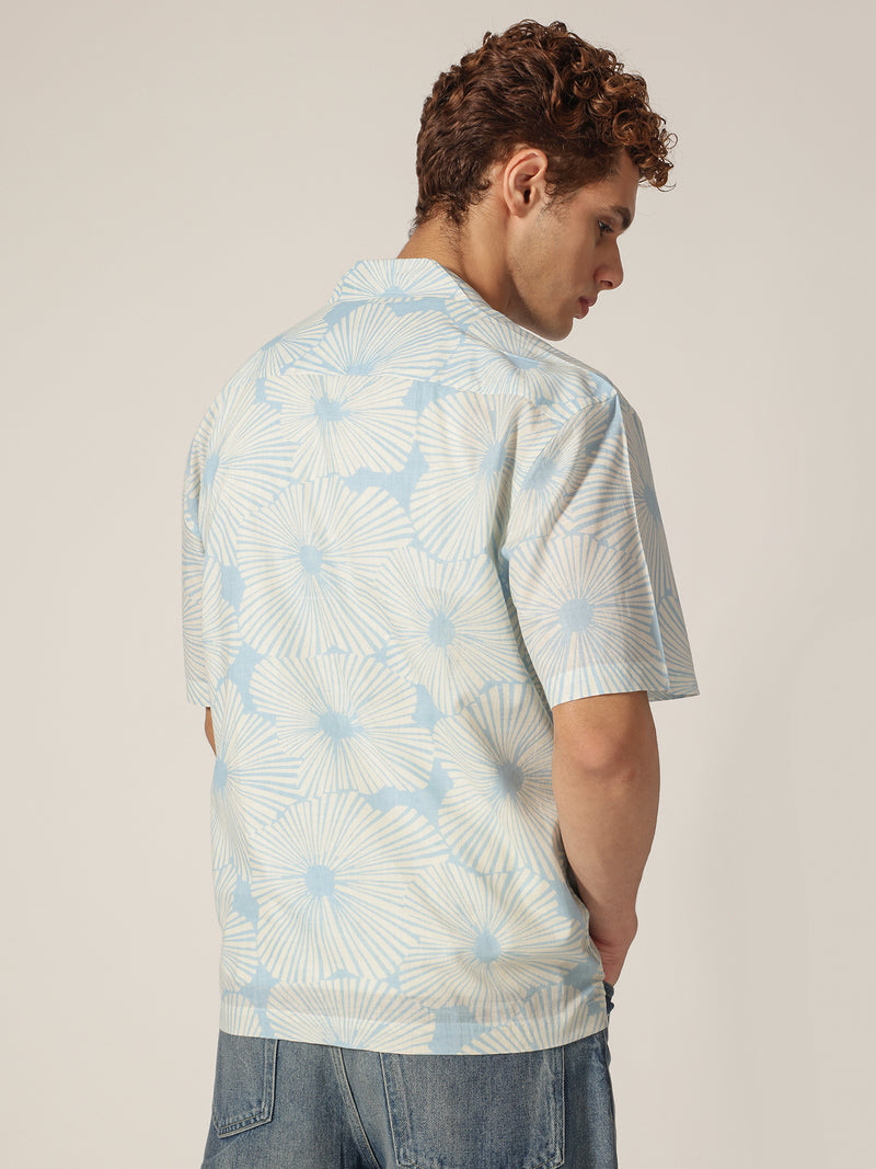 Blue: Block Printed Drop Shoulder Oversized Shirt