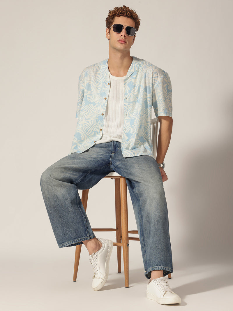 Blue: Block Printed Drop Shoulder Oversized Shirt
